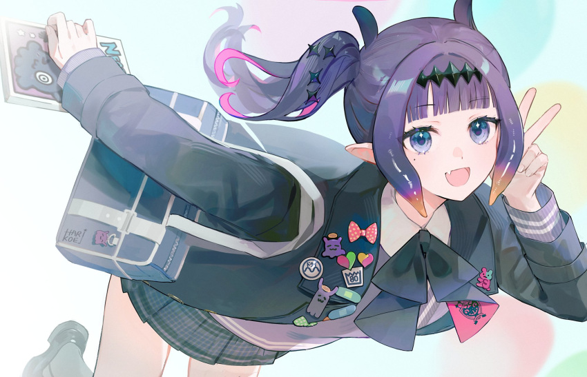 1girl, :d, ao-chan_(ninomae_ina'nis), badge, black_bow, blazer, blunt_bangs, book