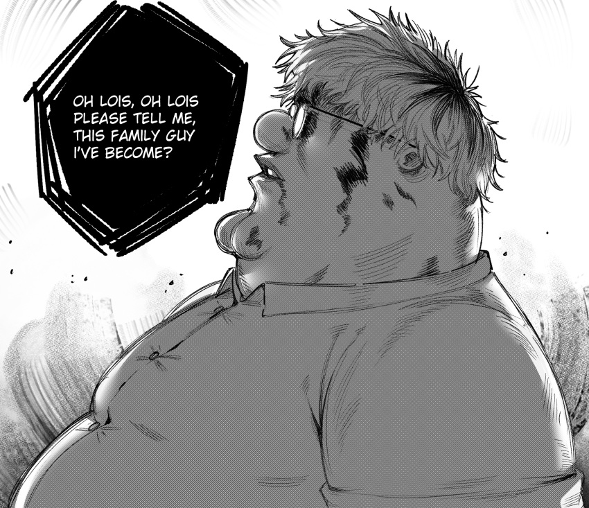 1boy, collared_shirt, english_commentary, english_text, family_guy, fat, fat_man, glasses