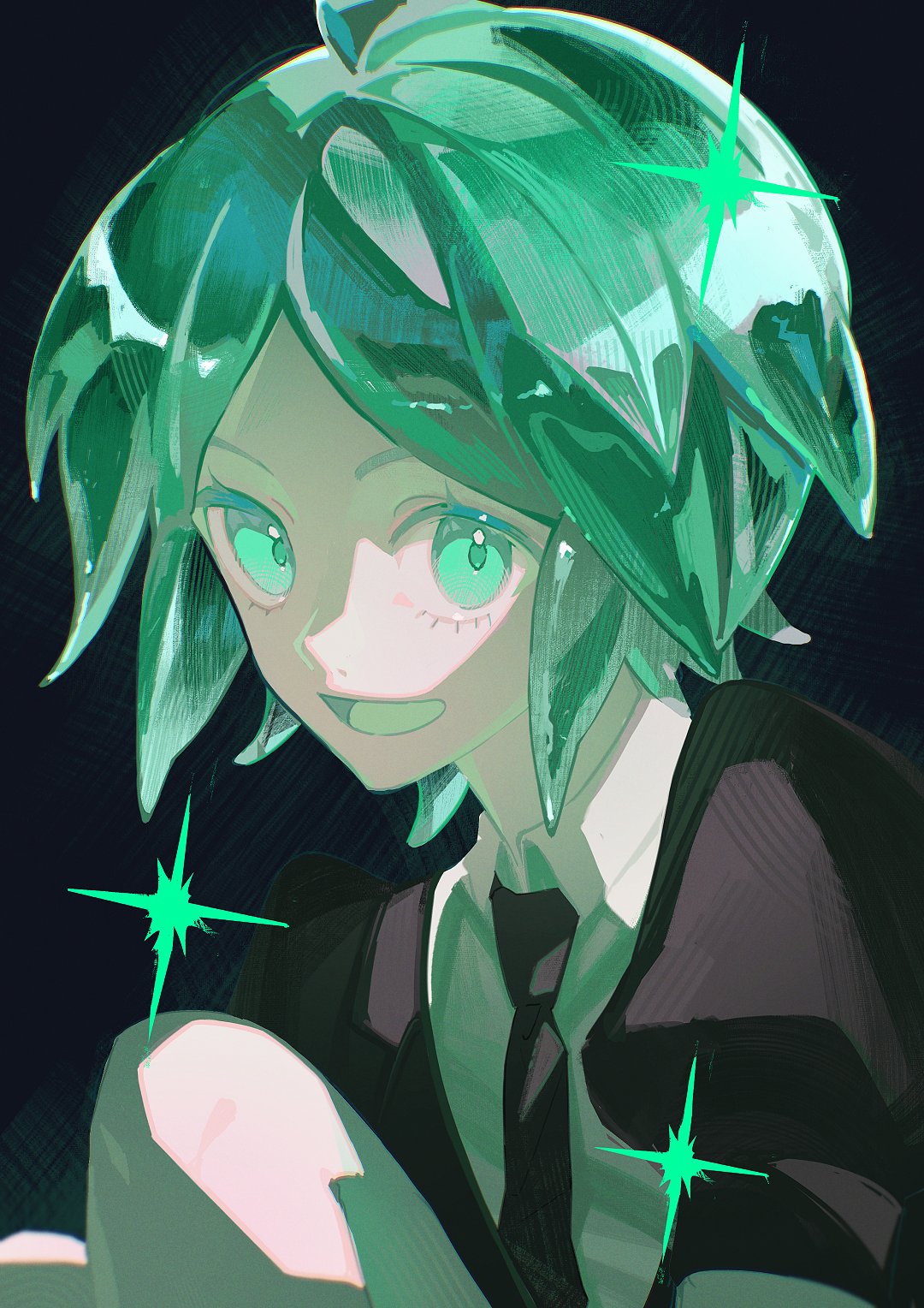 1other, androgynous, aqua_eyes, aqua_hair, black_necktie, commentary, eyelashes, gem_uniform_(houseki_no_kuni), highres, houseki_no_kuni, looking_at_viewer, milkbean, necktie, open_mouth, other_focus, phosphophyllite, short_hair, smile, sparkle