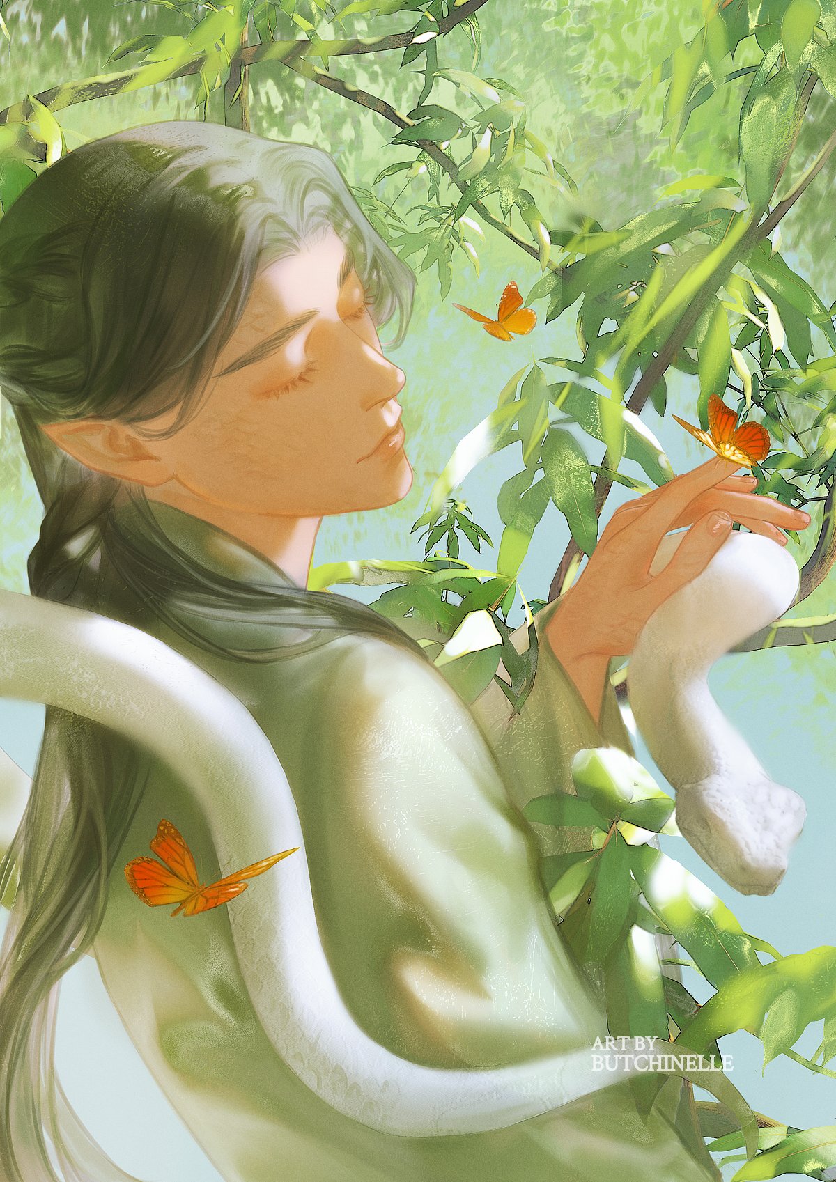 1boy, animal, artist_name, black_hair, blue_sky, bug, butchinelle, butterfly