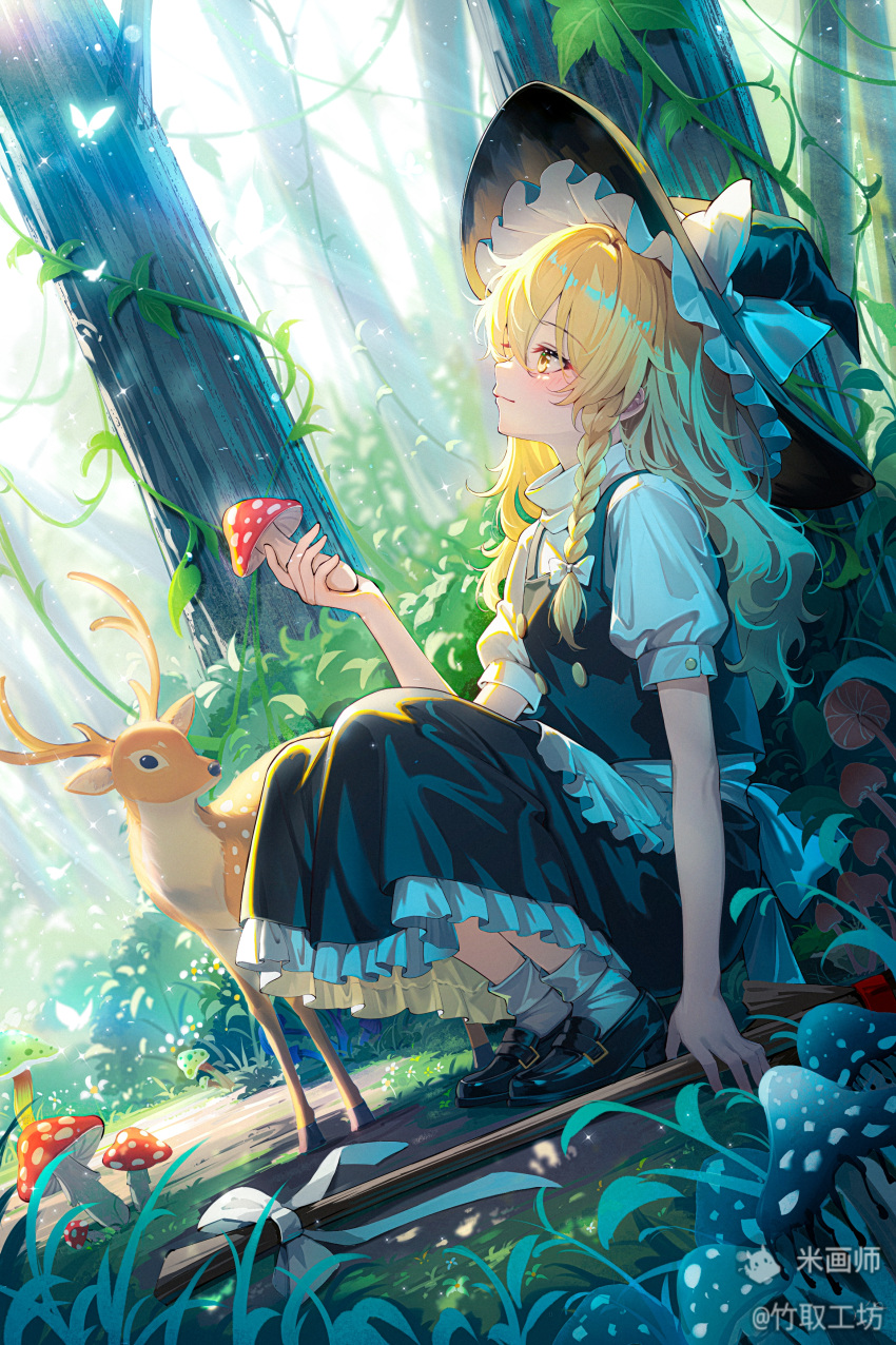 1girl, absurdres, black_hat, black_shoes, black_skirt, black_vest, blonde_hair, bow