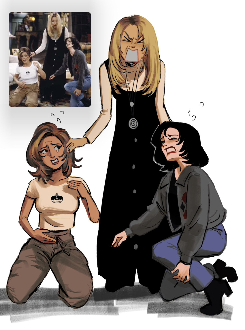 >_<, animification, closed_eyes, derivative_work, dress, flandrepudding, friends_(tv_series), grabbing_another's_ear