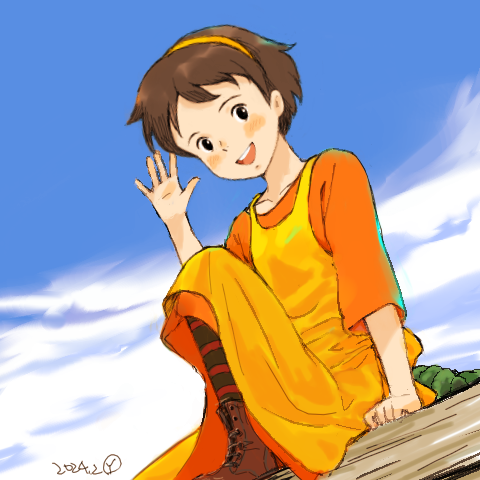 1girl, annie_harding, apron, black_eyes, blue_sky, boots, brown_boots, brown_hair