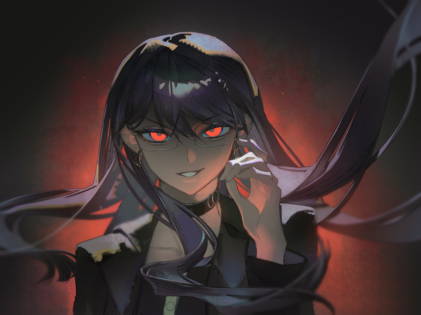 1girl, absurdres, black_choker, black_jacket, black_shirt, choker, commentary, earrings, english_commentary, floating_hair, glasses, hand_up, highres, jacket, jewelry, long_hair, nixiangbaolie, purple_hair, red_background, red_eyes, shirt, shizuhara_hiruko, smirk, solo, the_hundred_line_-last_defense_academy-, two-tone_background, upper_body