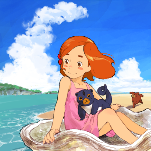 1girl, animal, animal_on_lap, bare_arms, beach, blue_sky, blush, brown_eyes