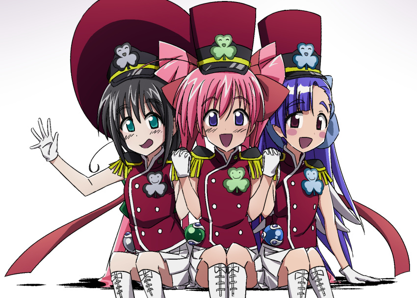3girls, :d, absurdres, band_uniform, black_hair, blue_eyes, blue_hair, brown_eyes