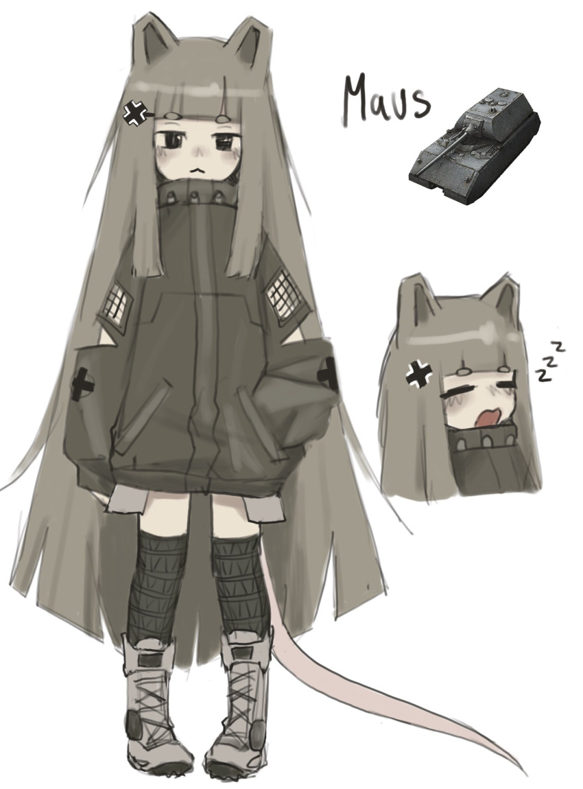 1girl, animal_ears, blunt_bangs, brown_hair, coat, highres, long_hair, maltese_cross