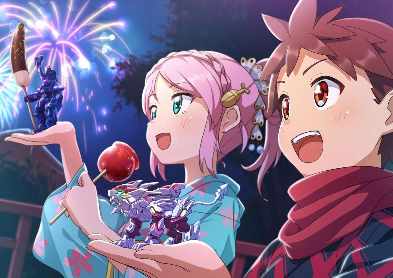 1boy, 1girl, aerial_fireworks, amakusa_kyo, anima_gear, aqua_eyes, braid, brown_hair