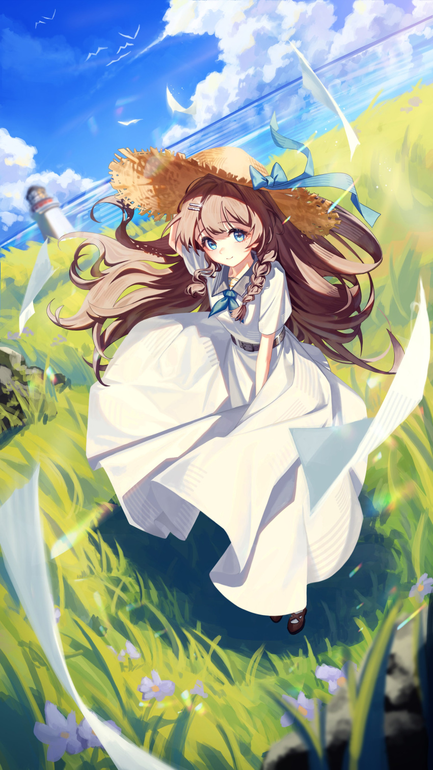1girl, absurdres, arm_up, black_shoes, blue_bow, blue_eyes, blue_neckerchief, blue_sky