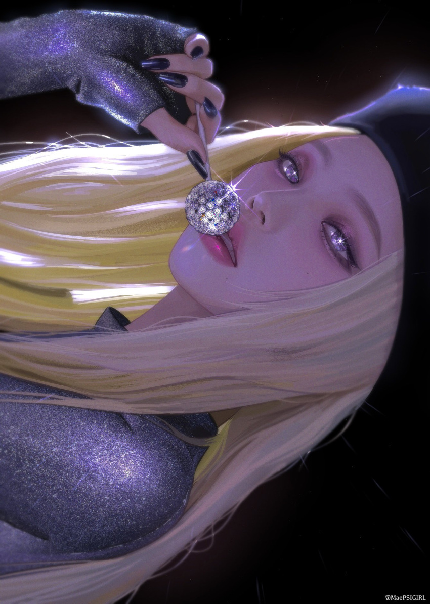 1girl, aespa, beret, black_background, black_eyeliner, black_nails, blonde_hair, eyeliner