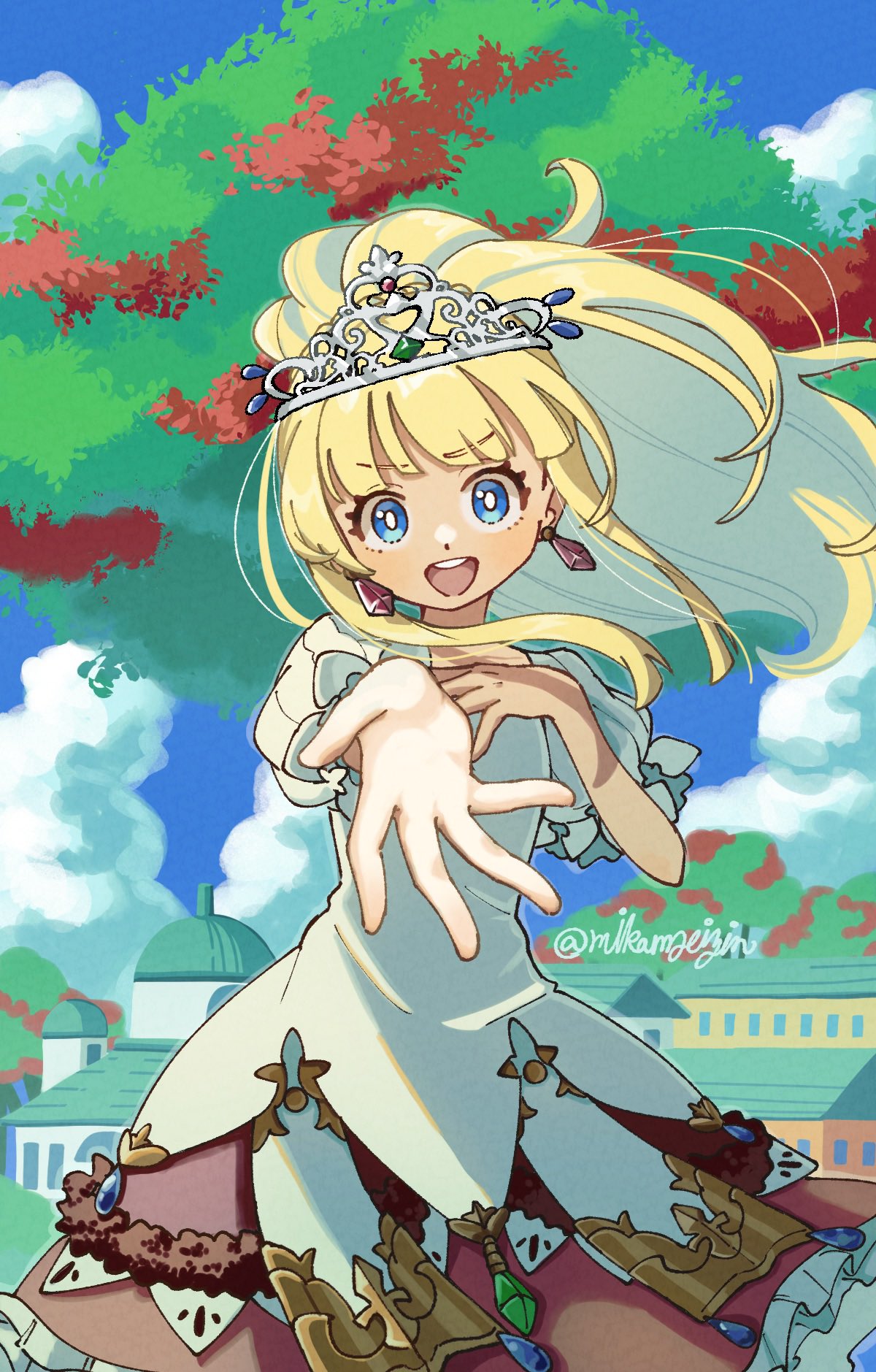 1girl, blonde_hair, blue_eyes, blue_sky, bright_pupils, clouds, commentary_request, crown