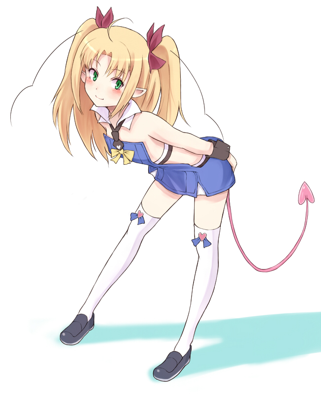 astarotte_no_omocha!, bent_over, blonde_hair, blush, bow, demon_tail, detached_collar, green_eyes, hair_bow, leaning_forward, long_hair, lotte_no_omocha!, purea, smile, tail, thigh-highs, thighhighs