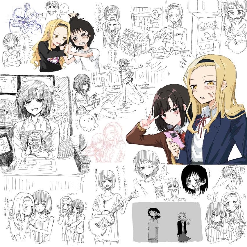 2girls, acoustic_guitar, anger_vein, black_hair, black_hairband, blazer, blonde_hair, blue_jacket, brown_eyes, brown_jacket, cellphone, cigarette_kiss, collared_shirt, commentary_request, convenience_store, frappuccino, guitar, hairband, highres, holding, holding_guitar, holding_hands, holding_instrument, holding_phone, instrument, jacket, kirarazaka_marina, kuze_shizuka, long_hair, multiple_girls, neck_ribbon, outstretched_arms, parted_lips, partially_colored, phone, pleated_skirt, ponytail, red_ribbon, ribbon, scar, scar_on_face, school_uniform, shirt, shop, skirt, smartphone, smile, soani, speech_bubble, takopii, takopii_no_genzai, translation_request, v, white_shirt, yellow_eyes