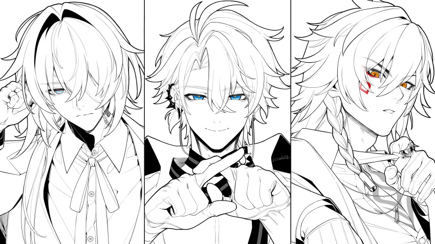 3boys, absurdres, alternate_costume, anaxa_(honkai:_star_rail), antenna_hair, aqua_eyes, artist_name, blue_eyes