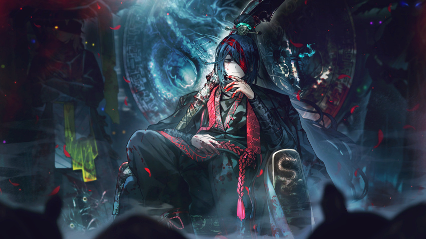 1boy, 1girl, 6+others, bandage_over_one_eye, black_hair, black_robe, blood, blood_on_clothes