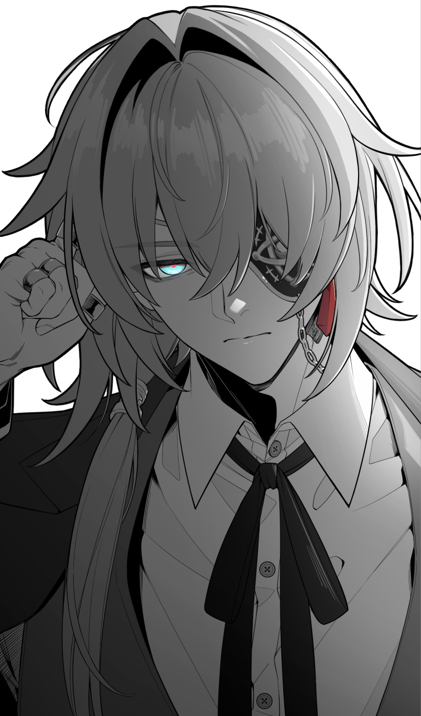 1boy, anaxa_(honkai:_star_rail), aqua_eyes, artist_name, buttons, chain, closed_mouth, doggie117