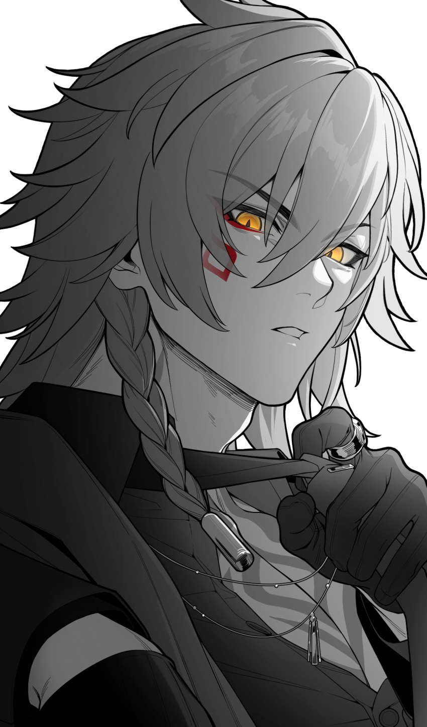 1boy, alternate_costume, artist_name, braid, doggie117, facial_tattoo, gloves, hair_between_eyes