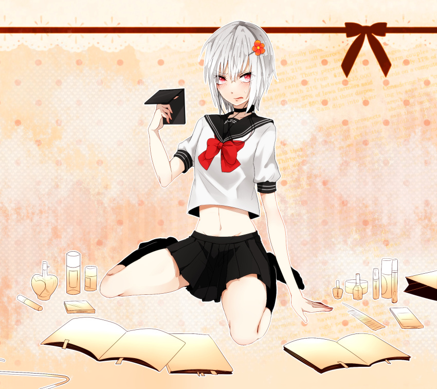 black_legwear, blush, choker, flower, genderswap, hair_flower, hair_ornament, highres