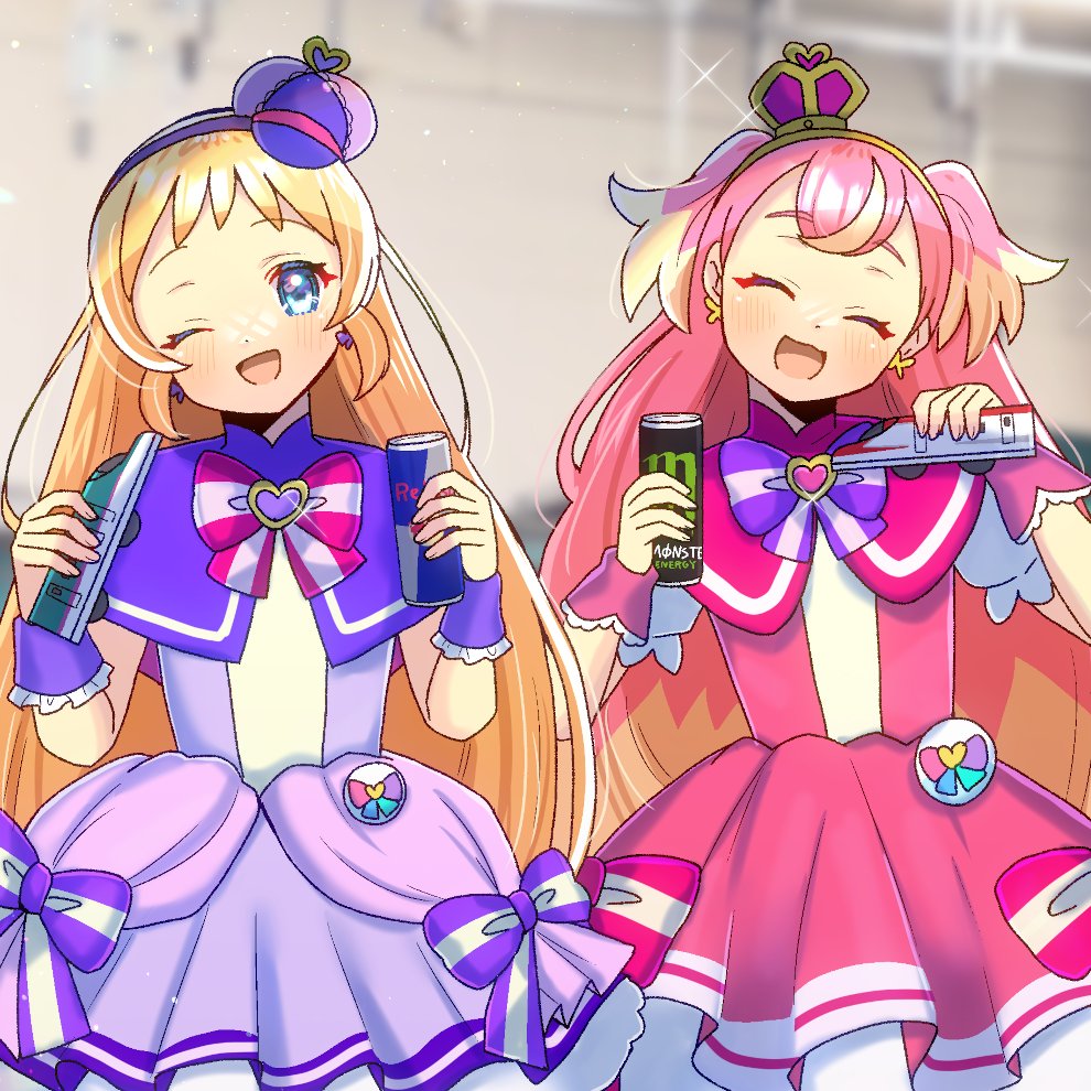 2girls, :d, ;d, ^_^, blonde_hair, blue_eyes, blurry, blurry_background