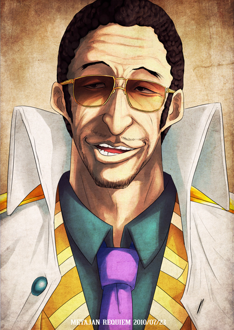 black_hair, borsalino_(kizaru), facial_hair, formal, glasses, grin, kei-suwabe, male