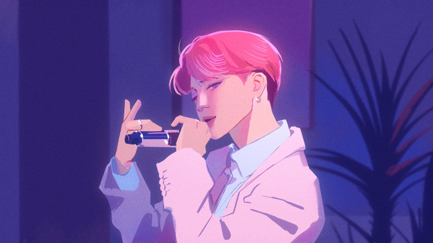 1boy, bangtan_boys, commentary, earrings, highres, holding, holding_microphone, jacket