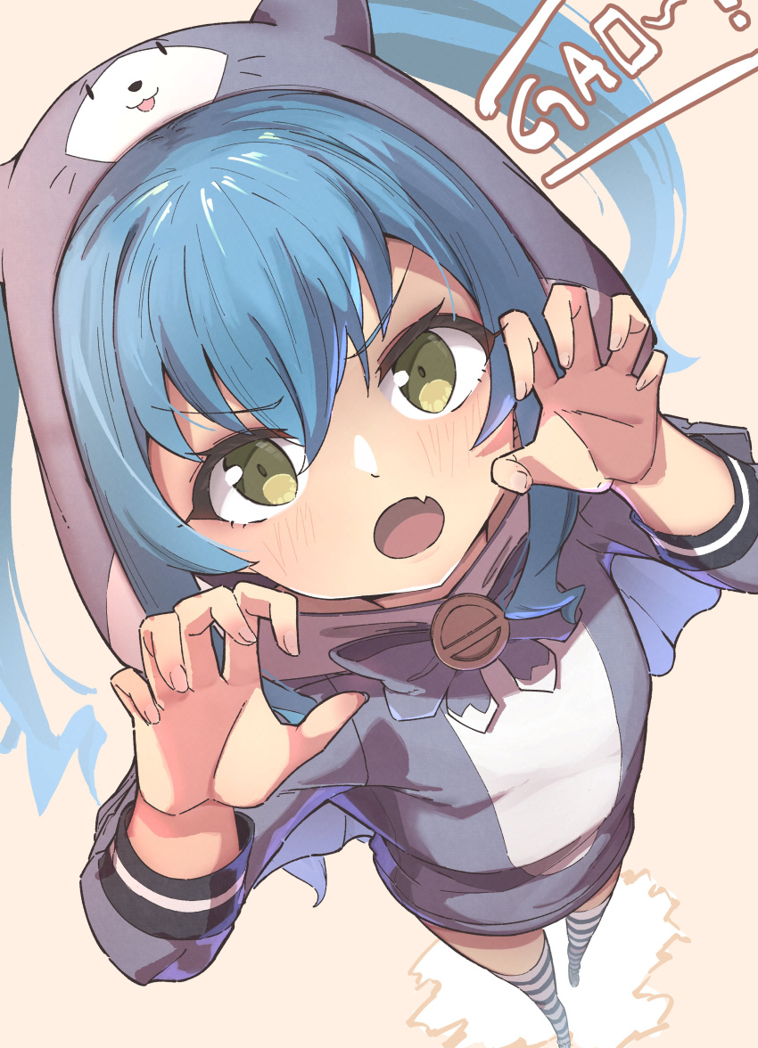 1girl, absurdres, animal_ear_hood, blue_bow, blue_bowtie, blue_hair, bow, bowtie