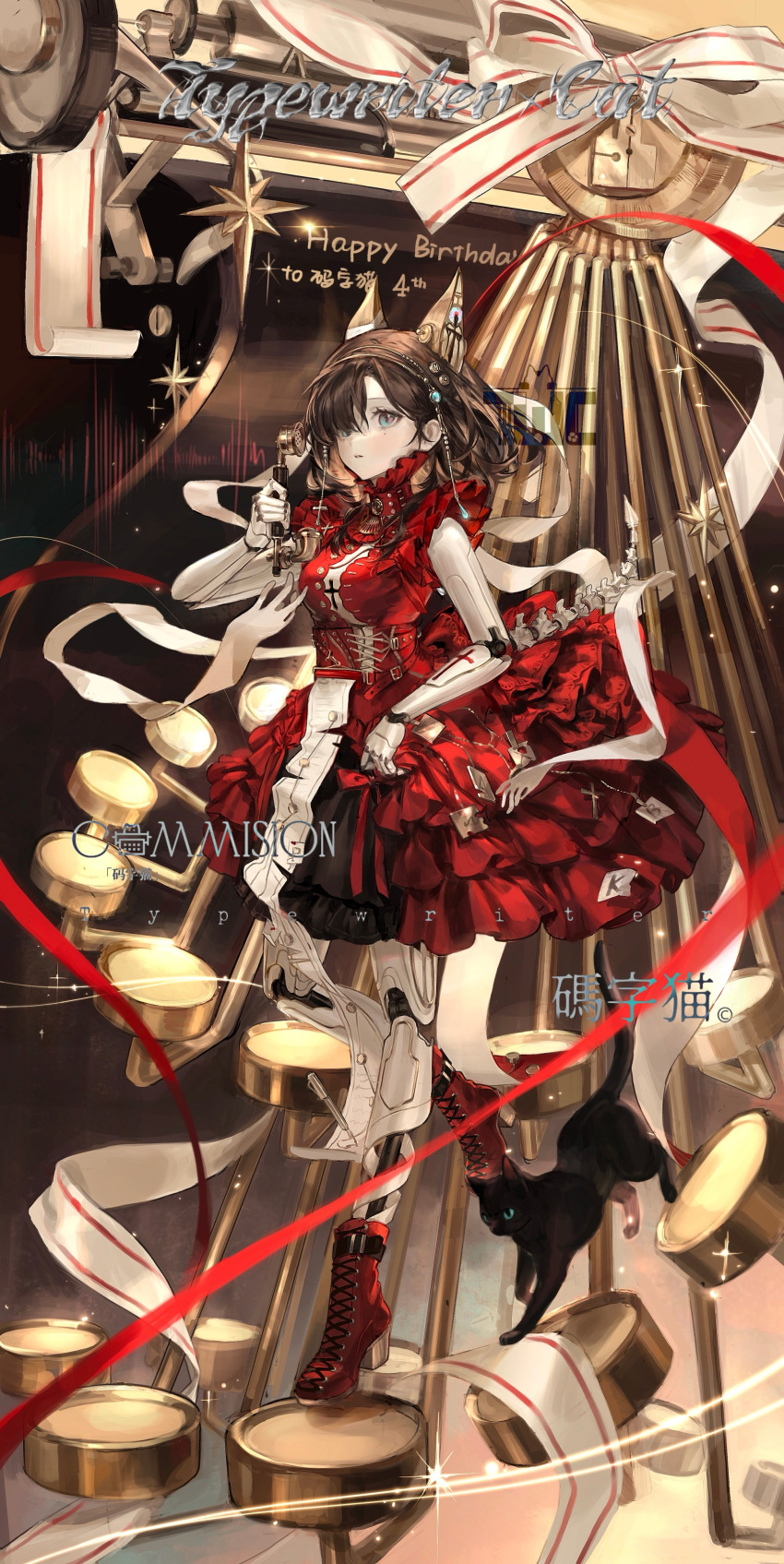 1girl, absurdres, animal_ears, antique_phone, aqua_eyes, belt, black_cat, block_heels, blue_gemstone, boots, breasts, brown_hair, candlestick_phone, cat, cat_ears, collar, commission, cross-laced_clothes, cross-laced_dress, cross_hair_ornament, dress, eis_ke_guazi, fake_animal_ears, fake_tail, frilled_collar, frilled_dress, frills, full_body, gem, hair_ornament, hair_over_one_eye, hairband, happy_birthday, high_collar, high_heel_boots, high_heels, highres, holding, holding_phone, lace-trimmed_dress, lace-up_boots, lace_trim, layered_dress, long_bangs, mechanical_arms, mechanical_ears, mechanical_legs, mechanical_tail, medium_breasts, medium_hair, mole, mole_under_eye, oversized_object, parted_lips, phone, red_belt, red_boots, red_dress, red_ribbon, ribbon, robot_girl, sleeveless, sleeveless_dress, solo, star_(symbol), swept_bangs, tail, typewriter, typewriter_cat, typewriter_cat_(character), typewriter_key, walking, watermark, white_ribbon