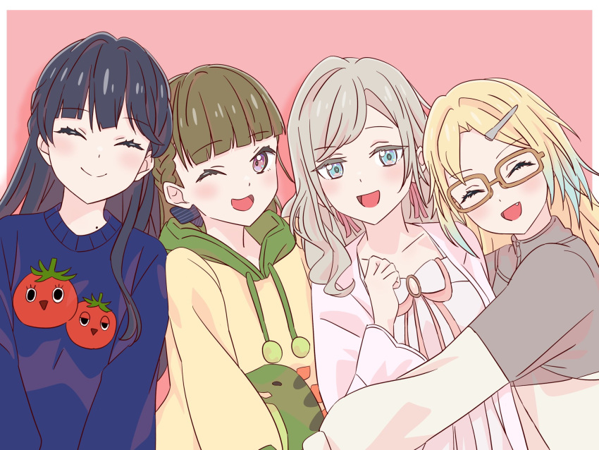 4girls, :d, ;d, ^_^, black_bow, black_hair, blonde_hair, blue_eyes