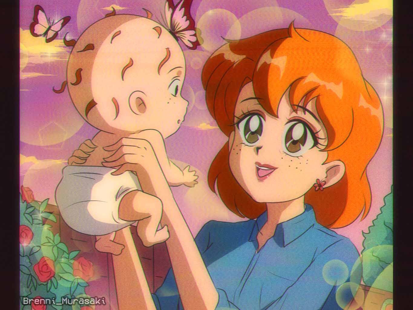 1990s_(style), 1boy, 1girl, baby, brenni_murasaki, brown_eyes, bug, butterfly, chuckie_finster, diaper, earrings, holding, jewelry, melinda_finster, orange_hair, outdoors, retro_artstyle, rugrats, scene_reference, shirt, short_hair, short_sleeves, smile, spoilers, standing