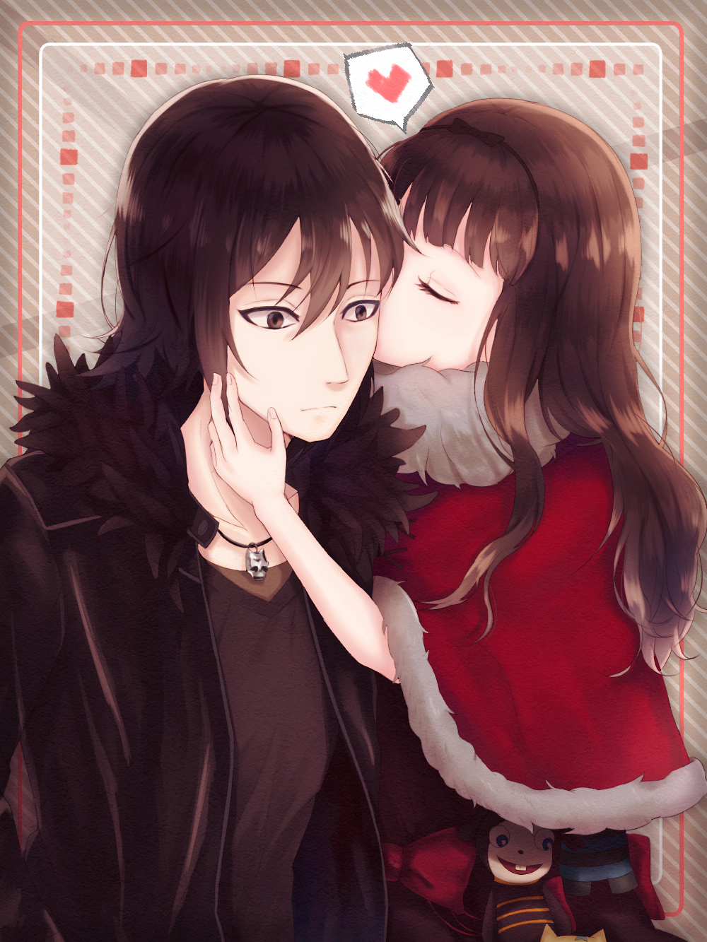 1boy, 1girl, black_hair, black_hairband, brown_hair, capelet, closed_eyes, couple