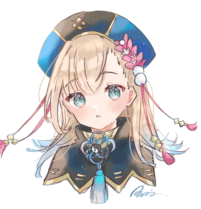 1girl, blonde_hair, blue_eyes, blue_hair, blush, eyelashes, hat, long_hair