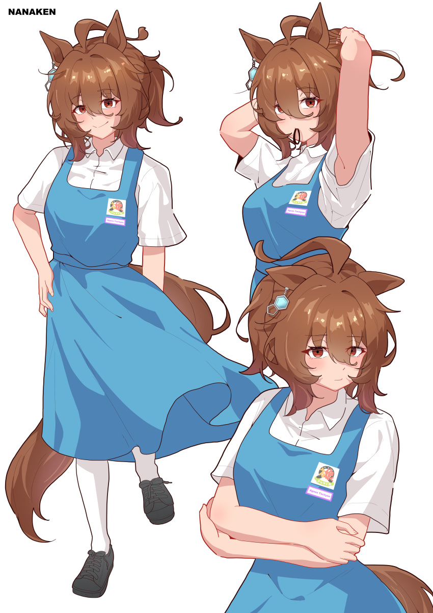 1girl, absurdres, adjusting_hair, agnes_tachyon_(umamusume), ahoge, animal_ears, arms_up, artist_name, black_shoes, blue_dress, chemical_structure, commentary_request, crossed_arms, dress, earrings, full_body, hair_tie_in_mouth, hand_on_own_hip, highres, horse_ears, horse_girl, horse_tail, jewelry, malaysian_secondary_school_uniform, messy_hair, mouth_hold, multiple_views, nanaken_(qijian23092715), red_eyes, school_uniform, shirt, shoes, simple_background, single_earring, sneakers, standing, tail, umamusume, upper_body, white_background, white_shirt, wolf_cut
