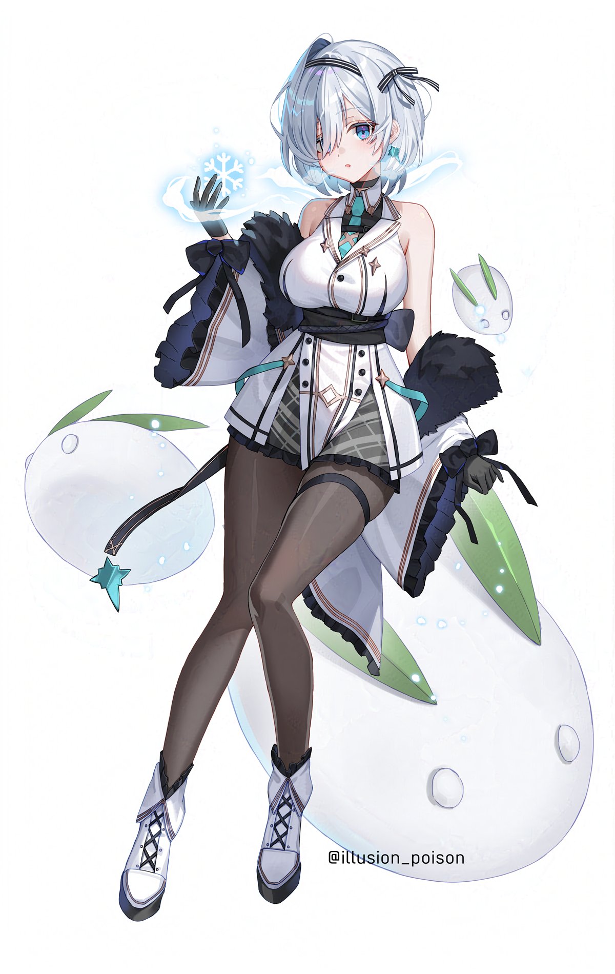 1girl, :o, aqua_necktie, bare_shoulders, black_boots, black_choker, black_dress, black_gloves