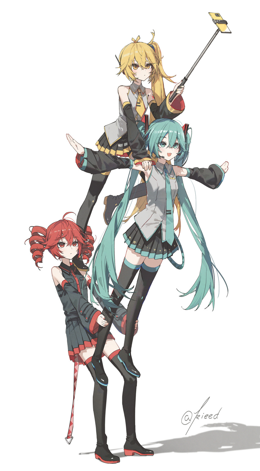 3girls, :d, absurdres, akita_neru, antenna_hair, aqua_eyes, aqua_hair, aqua_necktie