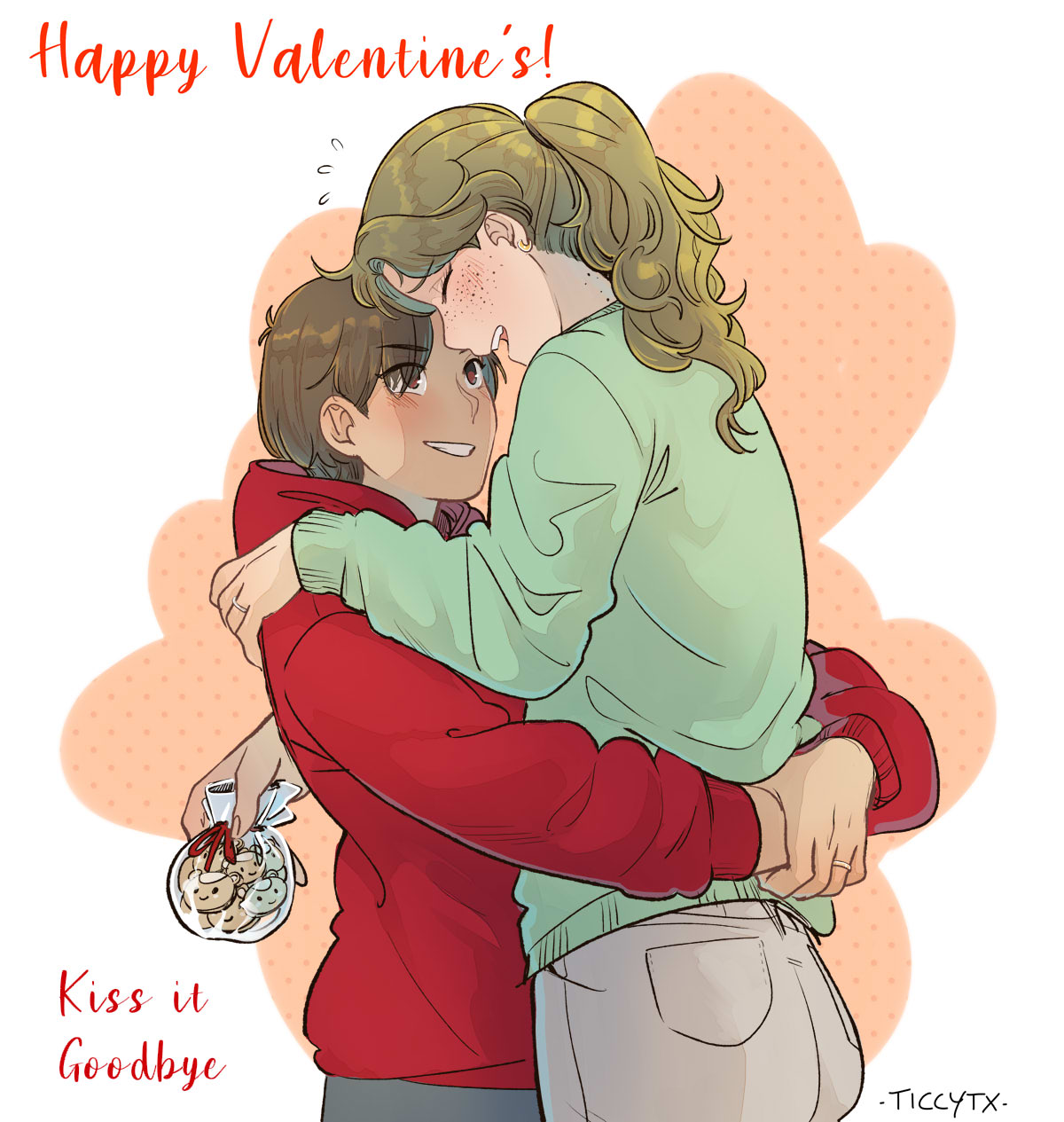 2girls, arms_around_back, artist_name, aruka_(kiss_it_goodbye), bag, blush, brown_hair, closed_mouth