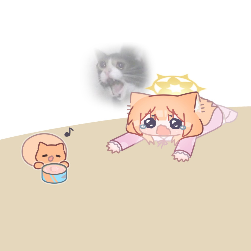 1girl, animal_ear_fluff, animal_ears, blue_archive, blunt_bangs, can, canned_food, cat