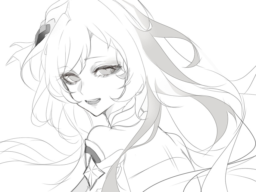 1girl, commentary, elysia_(herrscher_of_human:_ego)_(honkai_impact), elysia_(honkai_impact), english_commentary, floating_hair, greyscale, hair_ornament