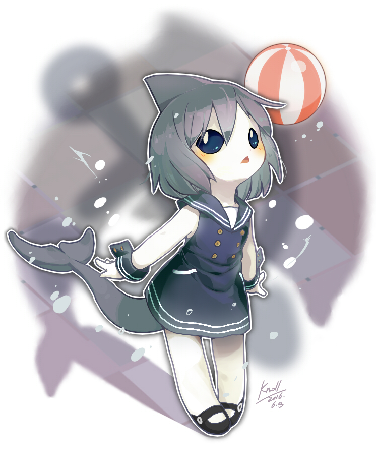 anchor, ball, beachball, black_eyes, black_shoes, blue_dress, blue_sailor_collar, buttons
