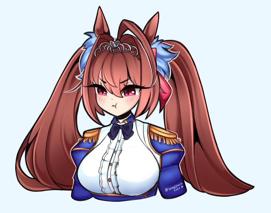 1girl, :t, animal_ears, blue_gemstone, breasts, brown_hair, daiwa_scarlet_(umamusume), gem, hair_intakes, horse_ears, horse_girl, large_breasts, long_hair, piercing, red_eyes, twintails, umamusume, usagipurincafe