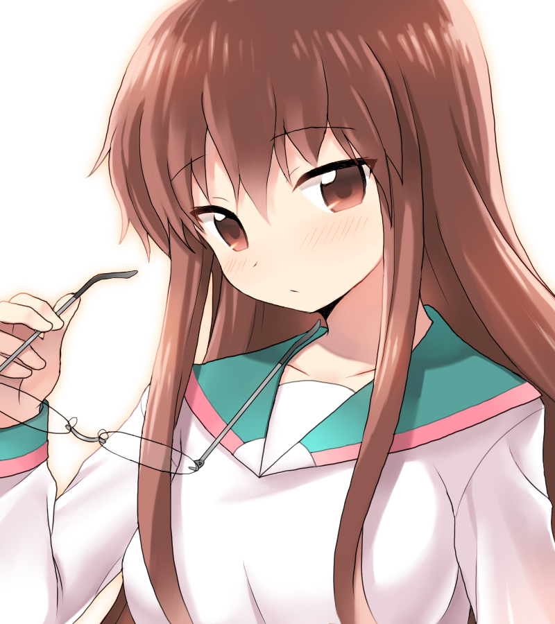 alternate_hairstyle, blush, brown_eyes, brown_hair, glasses, glasses_removed, hair_down, inaho