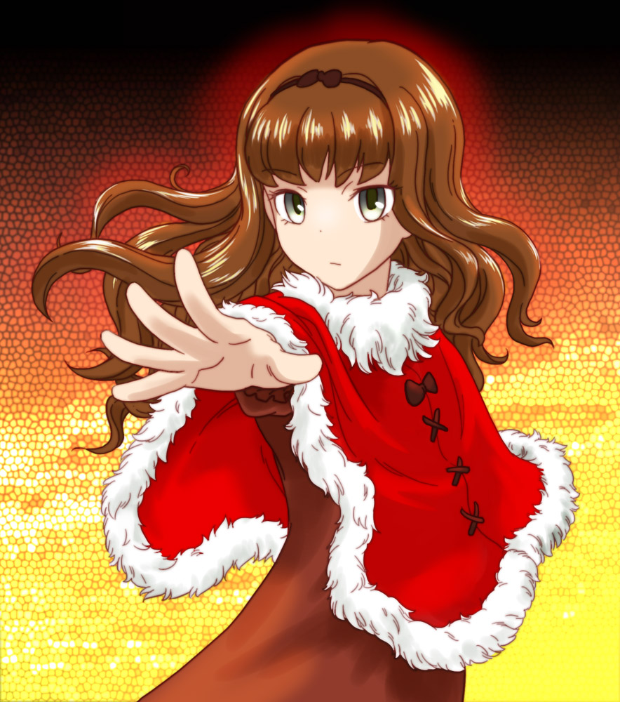 1girl, black_hairband, blunt_bangs, brown_eyes, brown_hair, capelet, closed_mouth, fur-trimmed_capelet