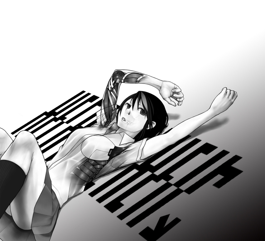 cyborg, hecatoncheir, highres, kneehighs, legs_up, lying, metal_akira, muscle