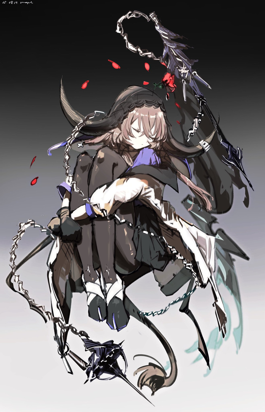 1girl, animal_ears, arknights, black_gloves, black_pantyhose, brown_hair, chain_weapon, closed_eyes
