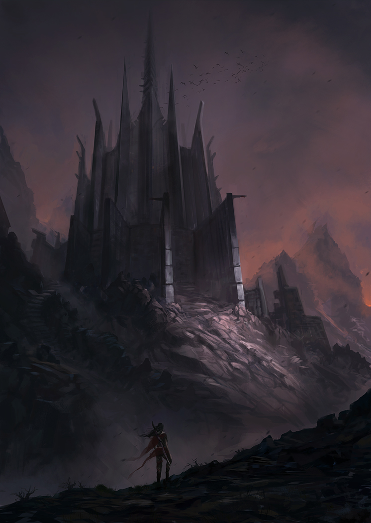 1girl, black_hair, castle, dark, fantasy, fog, from_behind, jjcanvas