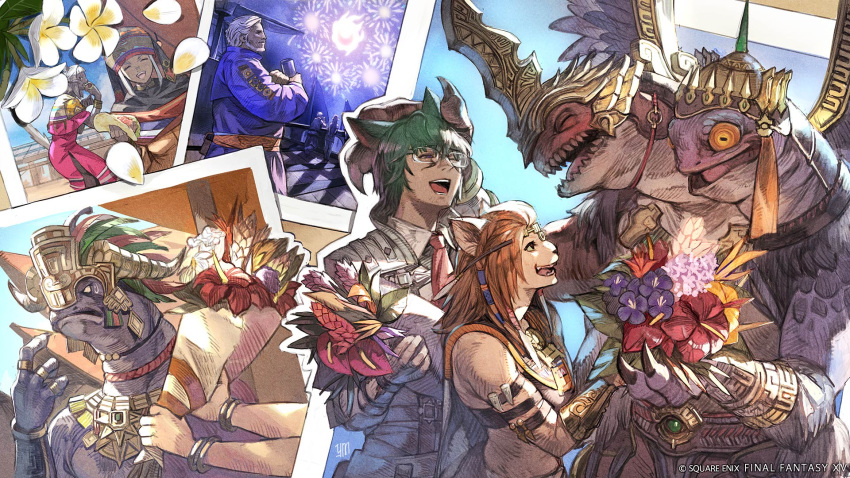 3girls, 4boys, :d, ^_^, animal_ears, bare_shoulders, bouquet, cat_boy