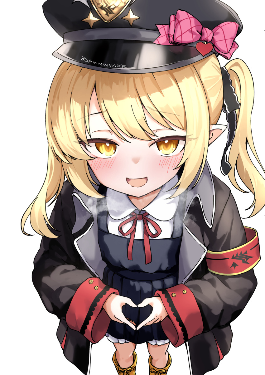 1girl, absurdres, armband, awnw, black_coat, black_dress, black_hat, blonde_hair