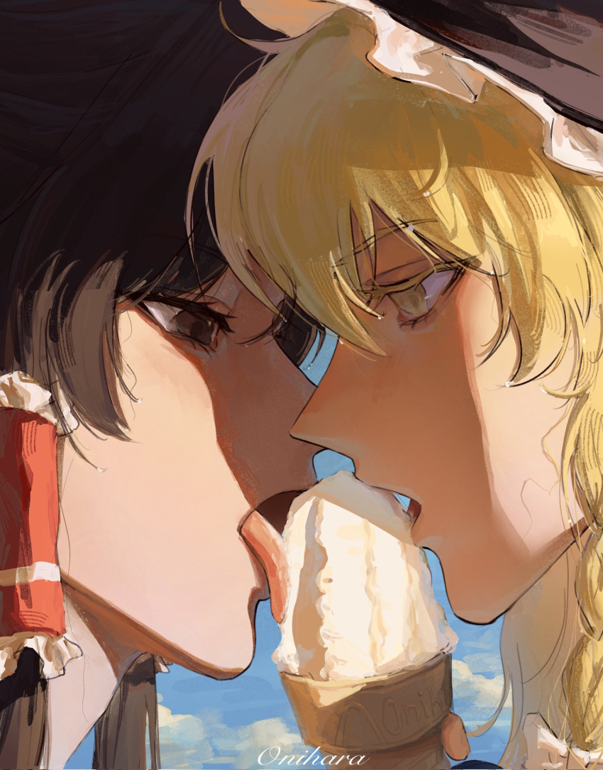 2girls, 320tbsyc, black_hair, black_hat, blonde_hair, bow, brown_eyes, close-up