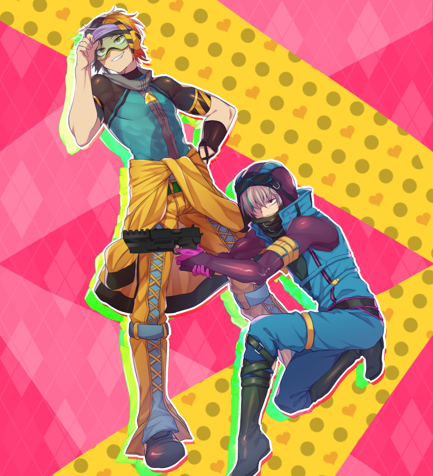 2boys, absurdres, blue_jacket, blue_pants, boots, dohna_dohna_issho_ni_warui_koto_o_shiyou, goggles, goggles_on_head