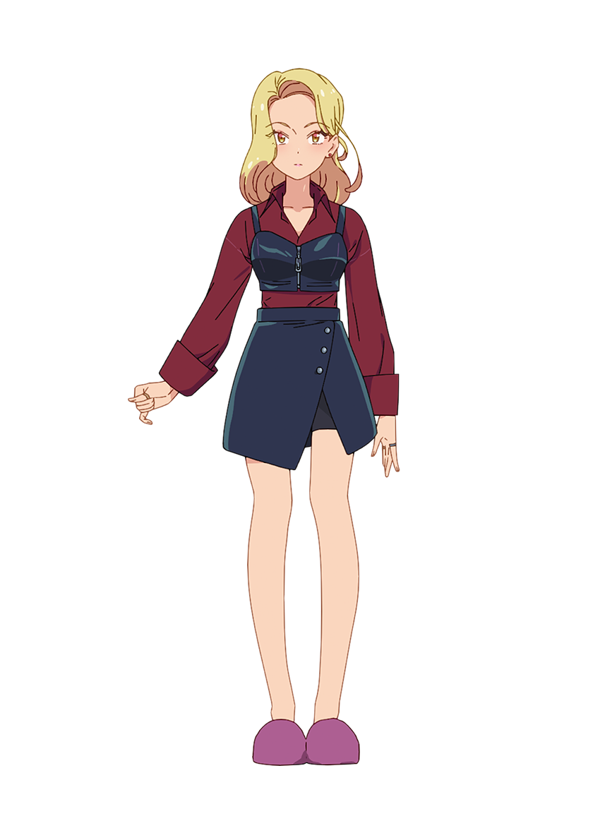 1girl, anime_coloring, arima_ryouta, blonde_hair, blue_sky, clenched_hand, closed_mouth, collarbone, collared_shirt, full_body, jewelry, kikka_(mayonaka_punch), lips, long_hair, long_sleeves, looking_at_viewer, mayonaka_punch, official_art, open_hand, pantyhose, pink_slippers, red_shirt, ring, shirt, simple_background, skirt, sky, slippers, solo, standing, transparent_background, tsurime, yellow_eyes