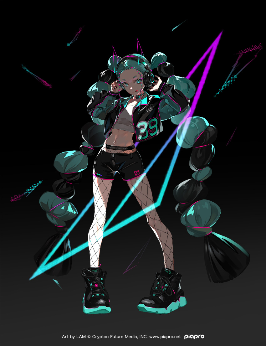 1girl, 39, :q, absurdres, aqua_eyes, aqua_hair, aqua_jacket, audio-technica